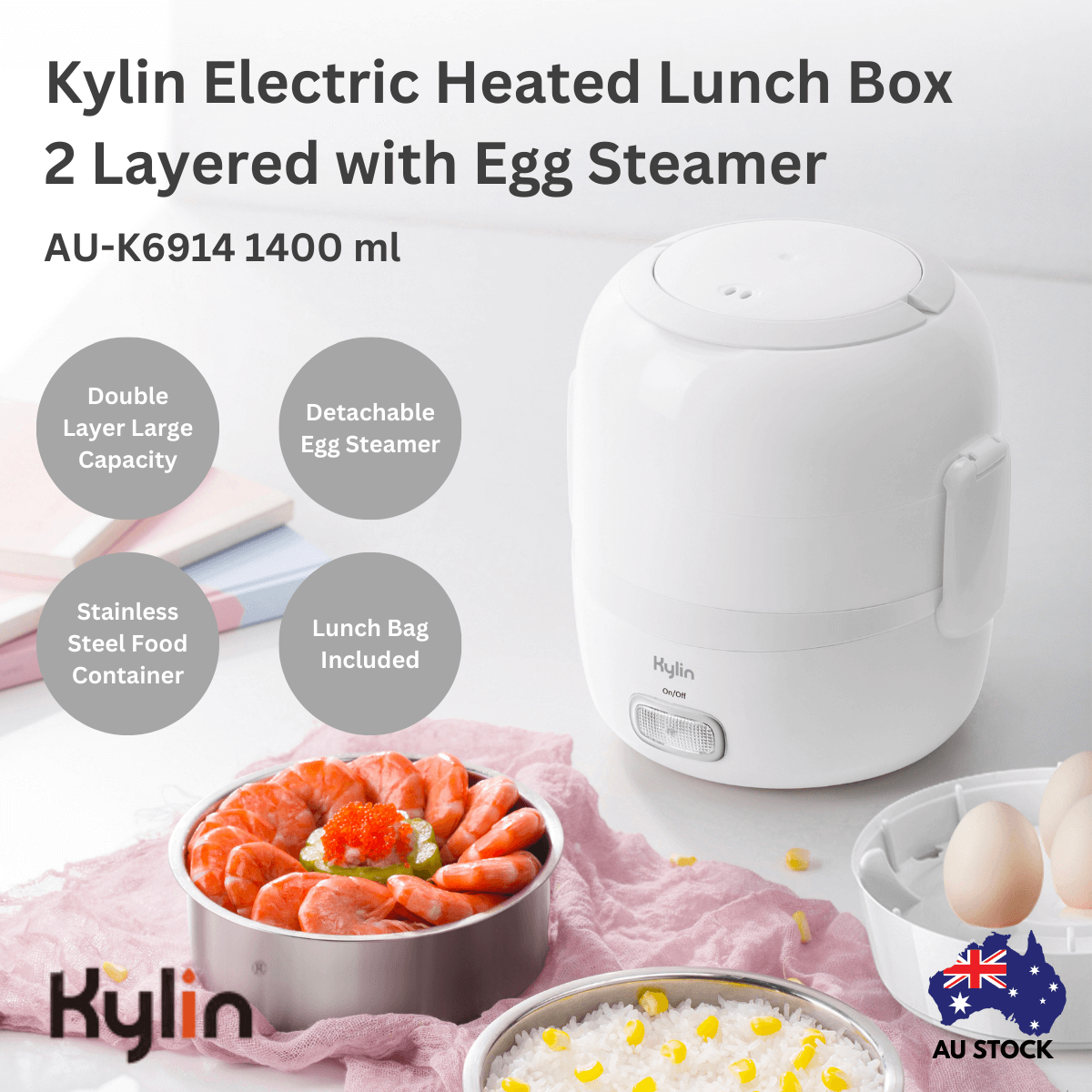 Kylin Electric Thermal Lunch Box 2 Layered with Egg Steamer AU-K6914