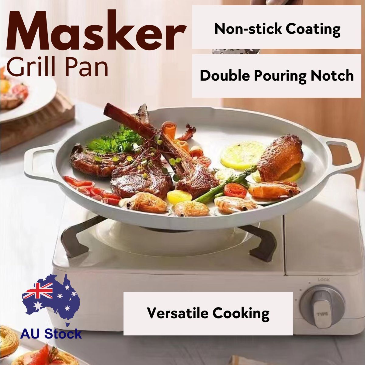 Masker BBQ Grill Pan 30cm with Heat Resistant Handles - Pink