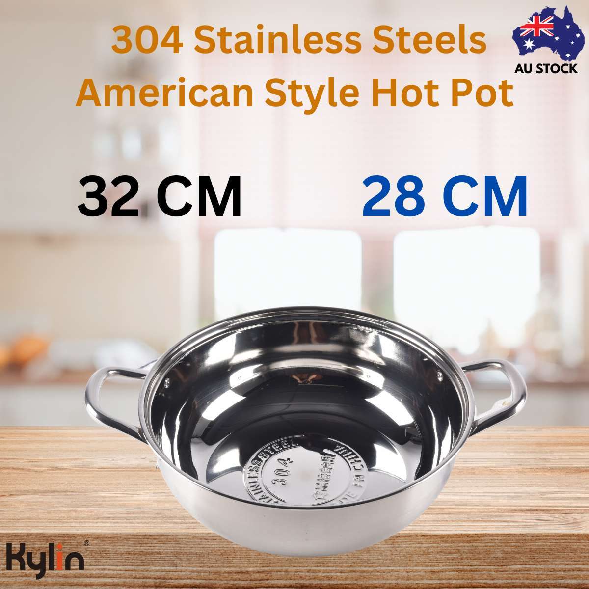 Kylin 304 Stainless Steels Shabu Single American Style Hot Pot Cooking Pot 28cm