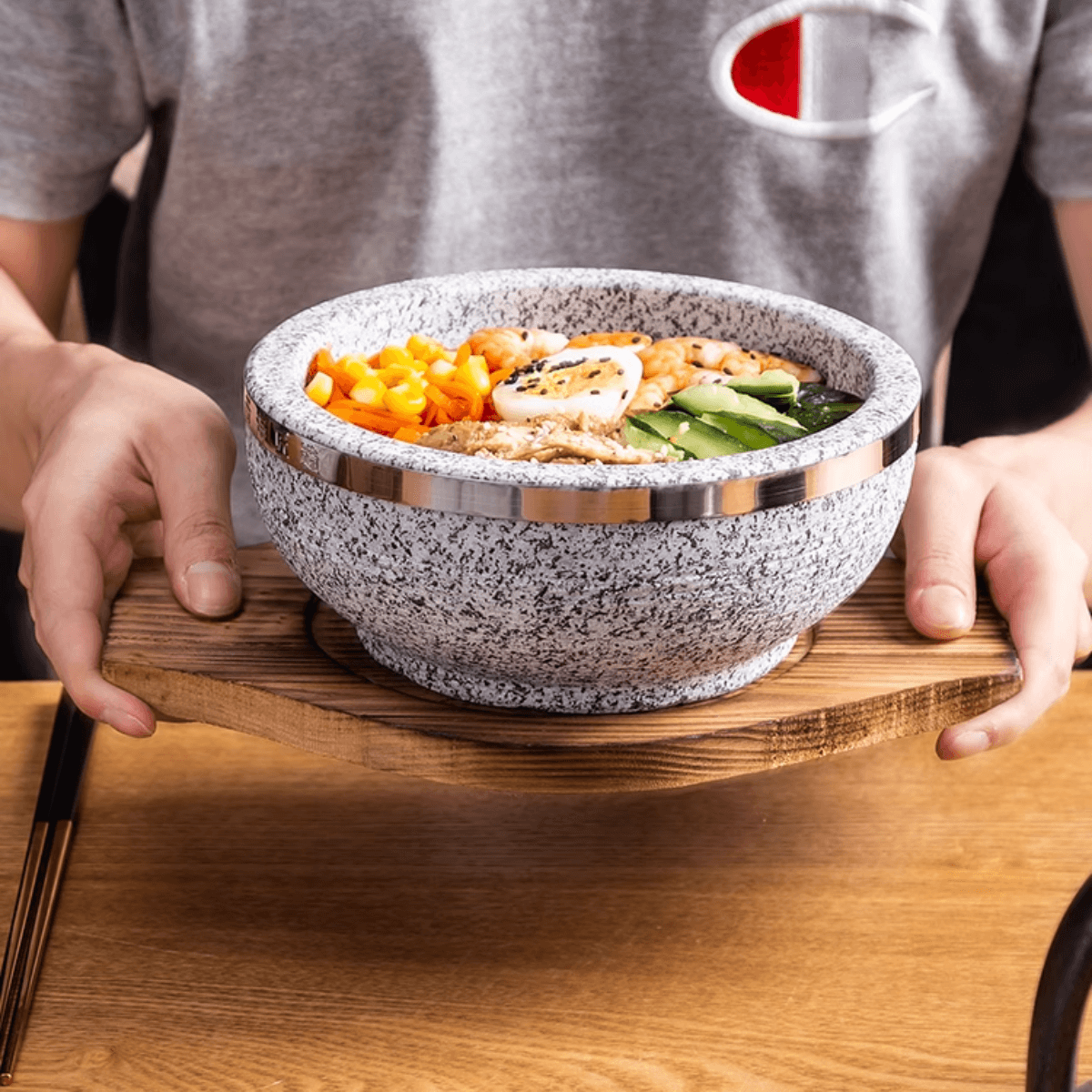 Korean Natural Stone Bowl Wood Trivet 16cm
