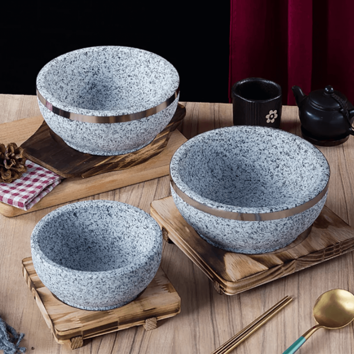 Korean Natural Stone Bowl Wood Trivet 18cm