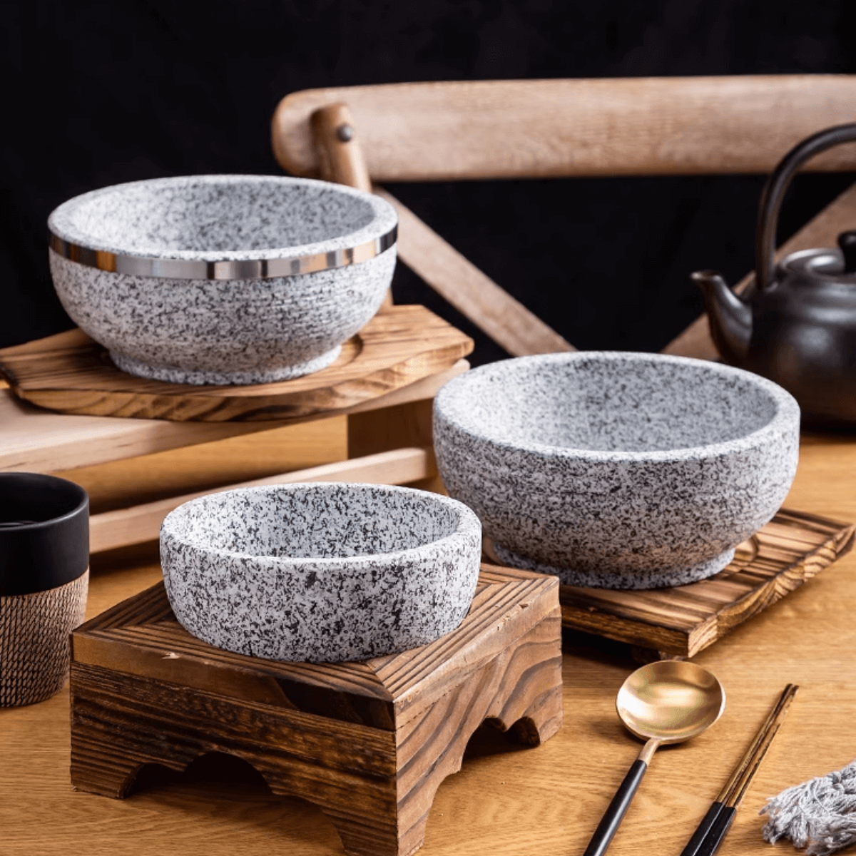 Korean Natural Stone Bowl Wood Trivet 20cm