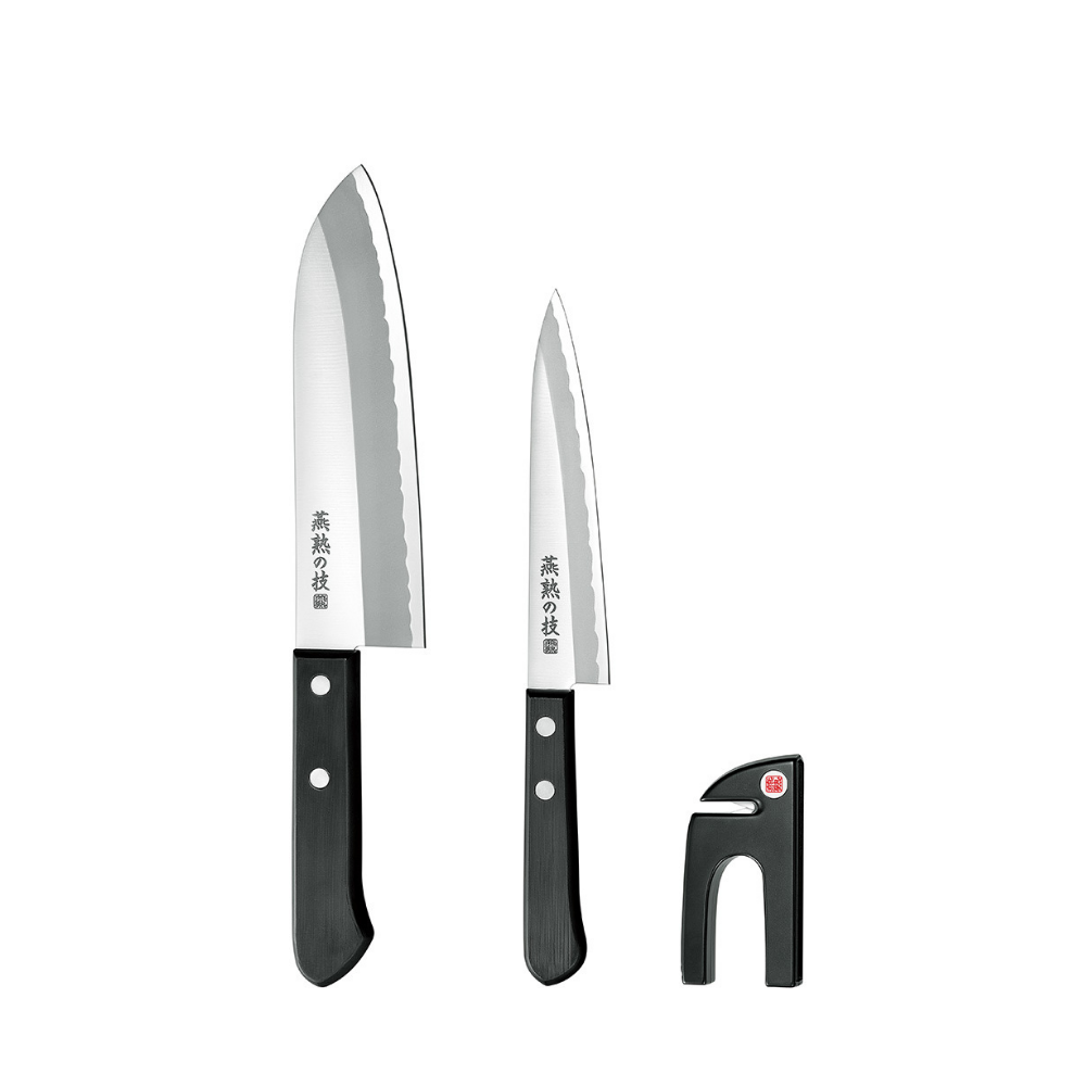 Yokoyama Santoku Kitchenware 3pc Set Knife - 16.5cm & Petty Knife 13.5cm & Mini Sharpener