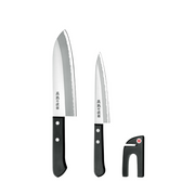 Yokoyama Santoku Kitchenware 3pc Set Knife - 16.5cm & Petty Knife 13.5cm & Mini Sharpener