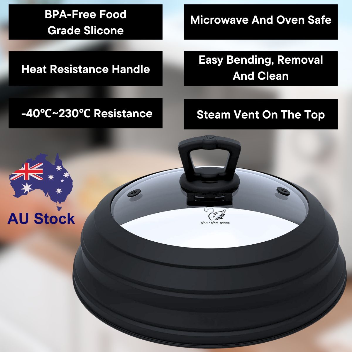 JLP Collapsible Microwave And Oven Safe BPA-free Silicone Cover 24cm~30cm - Black
