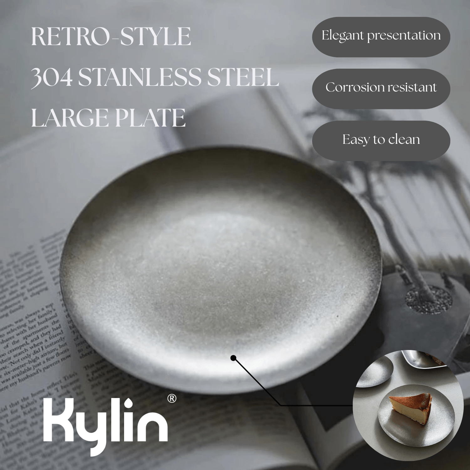 Kylin Korean Retro-Style 304 Stainless Steel Large Plate 23cm