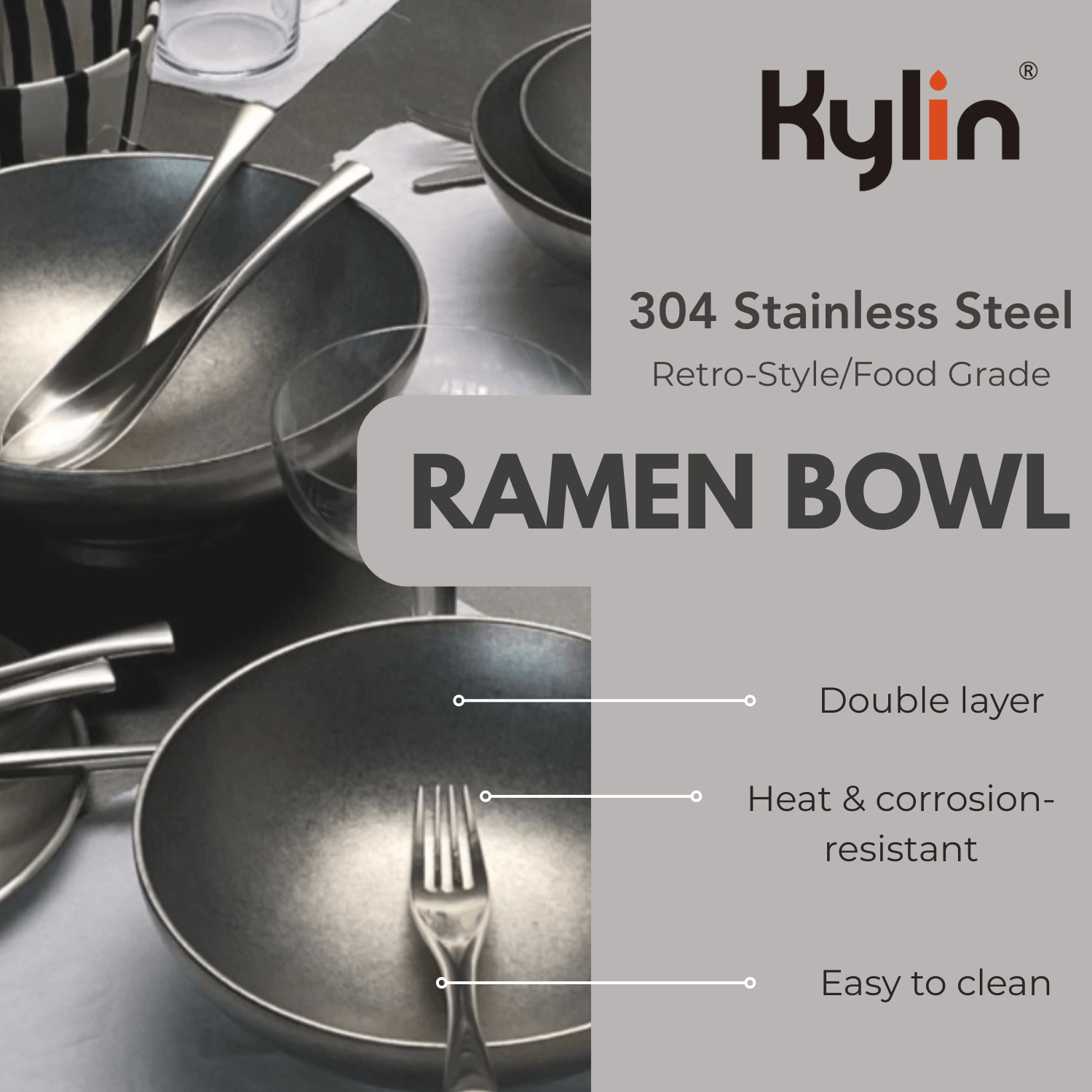 Kylin Retro-Style 304 Stainless Steel Double-Layer Ramen Bowl 22cm