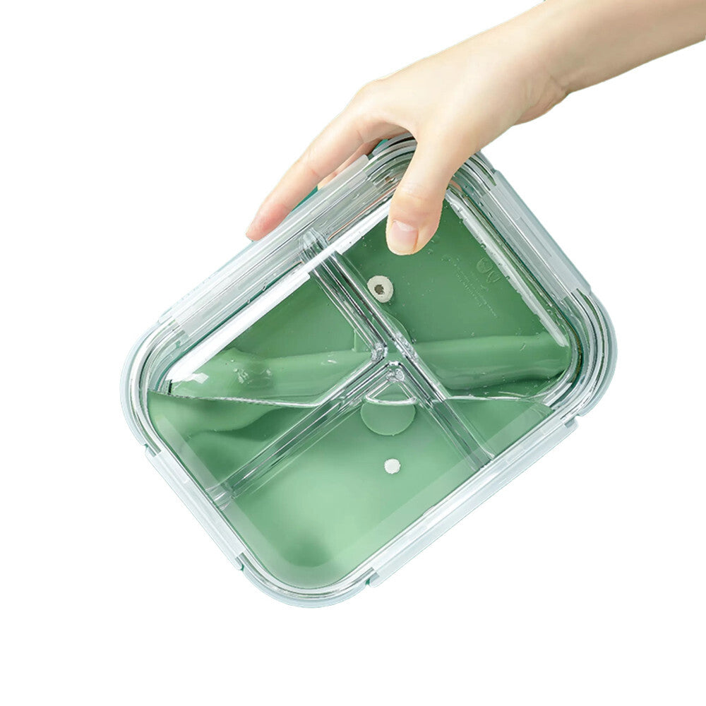Robo Dubai Glass Lunch 3 Compartments Box Food Container with Spoon 1L White/Green