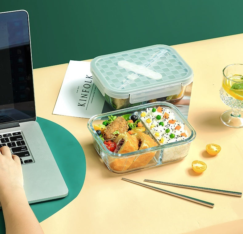 Robo Dubai Glass Lunch 3 Compartments Box Food Container with Spoon 1L White/Green