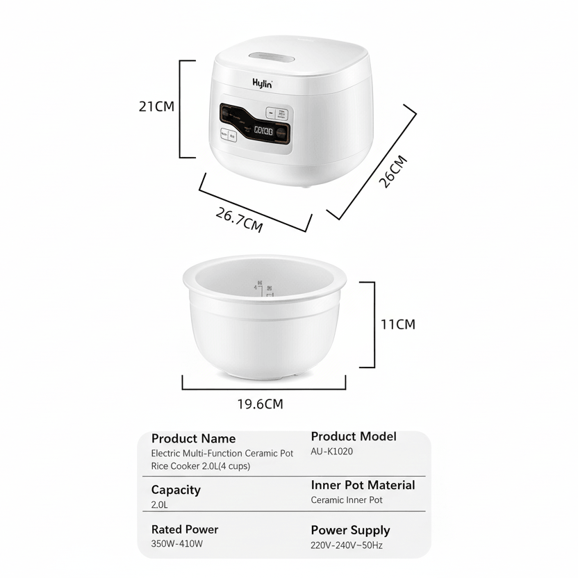Kylin Electric No Coating Ceramic 4 Cups Rice Cooker 2L White AU-K1020